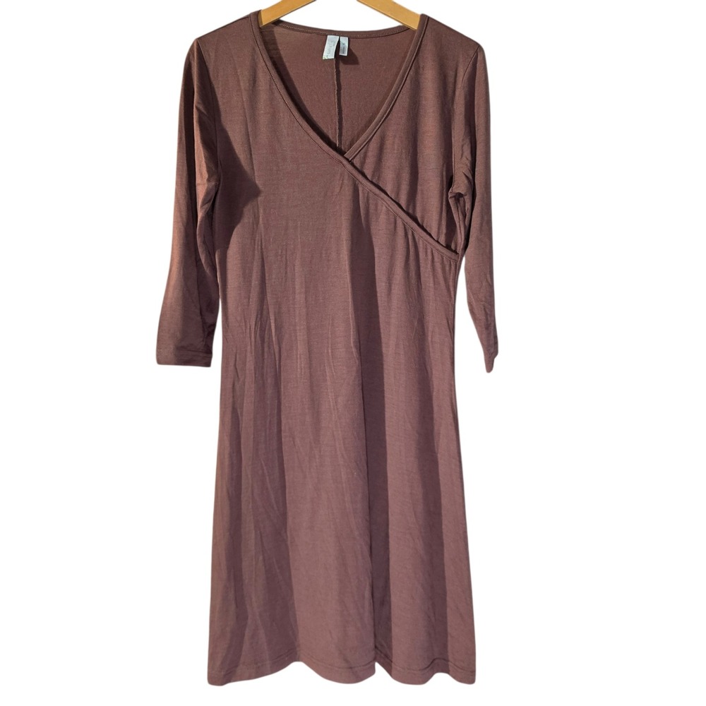 Sahalie Womens S Dress Brown 100% Wool V-Neck Faux Wrap 3/4 Sleeve Knee Length